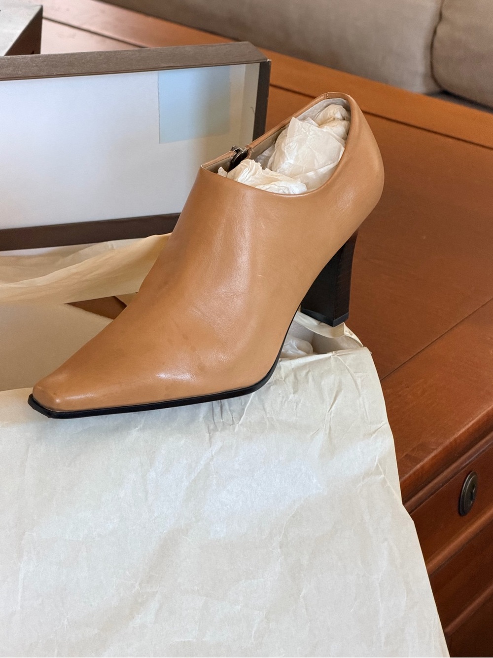 Women's Tan Faux Leather Pointed Block Heel Bootie